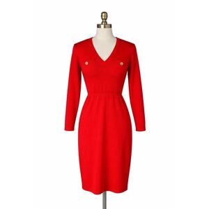 Vintage St. John Santana Knit Red Dress Gold Buttons Size 4 Made USA 80s 90s